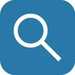 Icon of a magnifying glass on a blue background, representing property search.